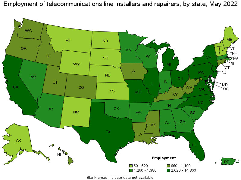 Map of employment of telecommunications line installers and repairers by state, May 2022