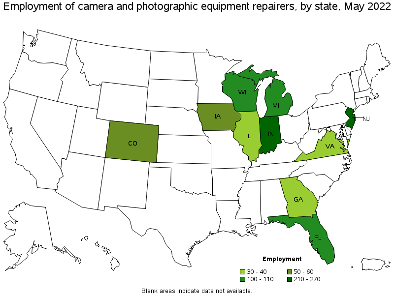 Map of employment of camera and photographic equipment repairers by state, May 2022