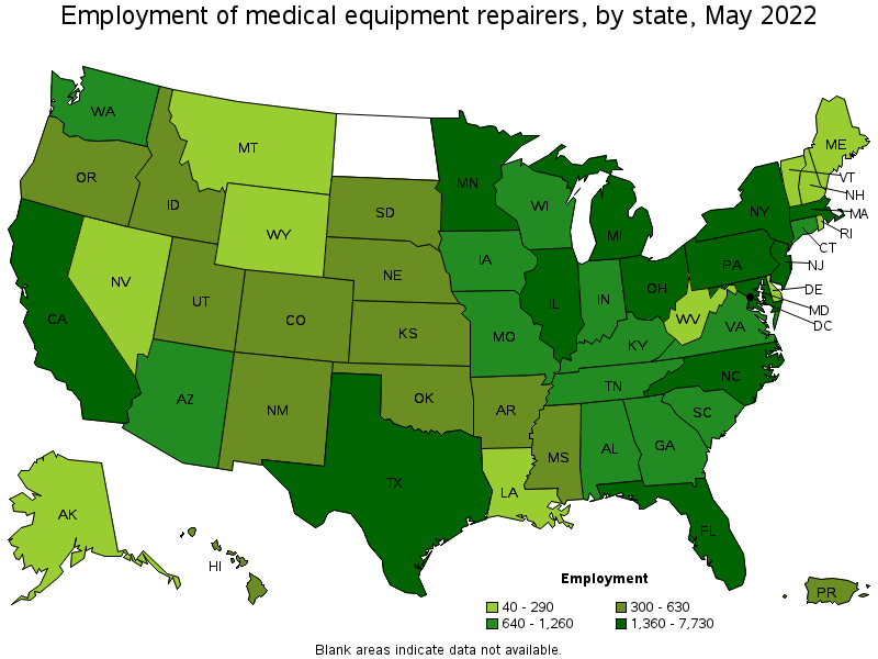 Map of employment of medical equipment repairers by state, May 2022