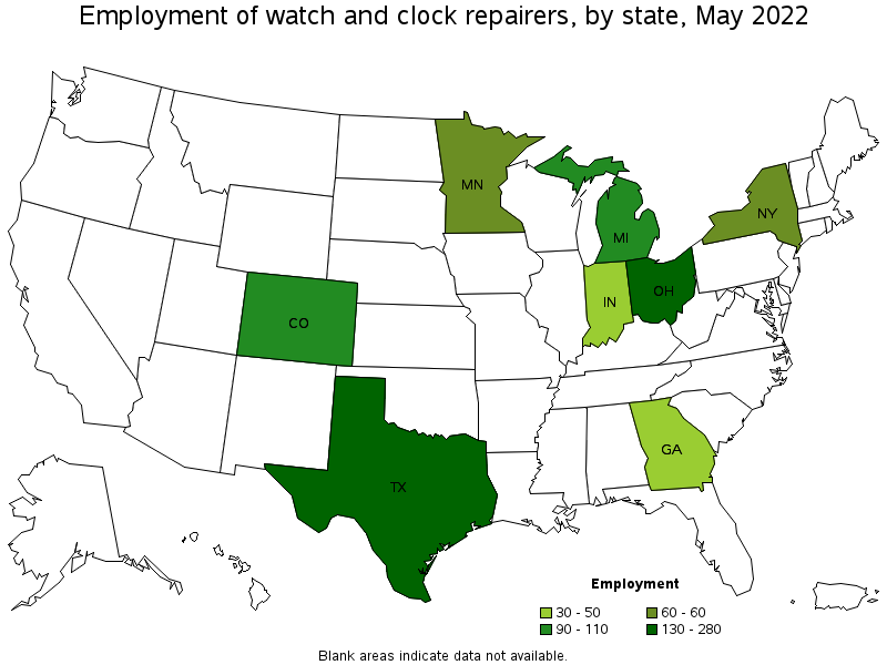 Map of employment of watch and clock repairers by state, May 2022
