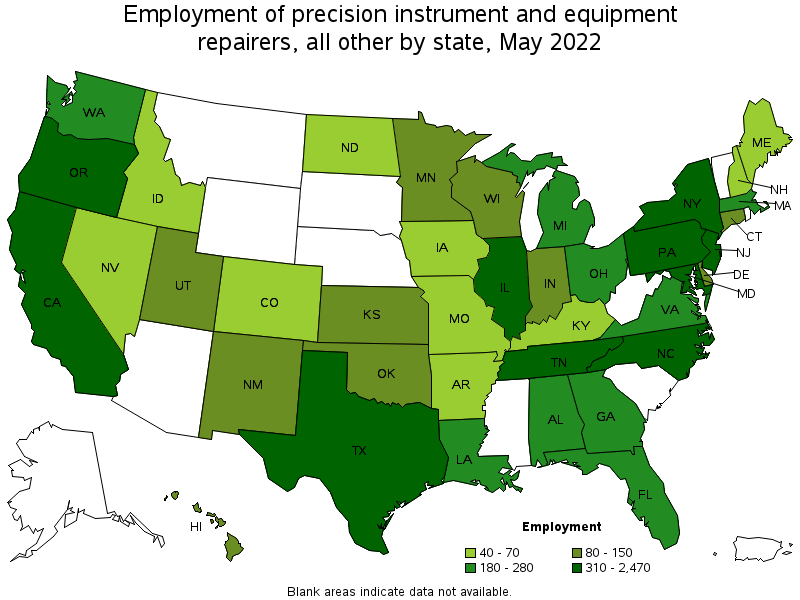 Map of employment of precision instrument and equipment repairers, all other by state, May 2022