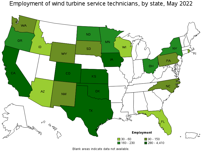 Map of employment of wind turbine service technicians by state, May 2022