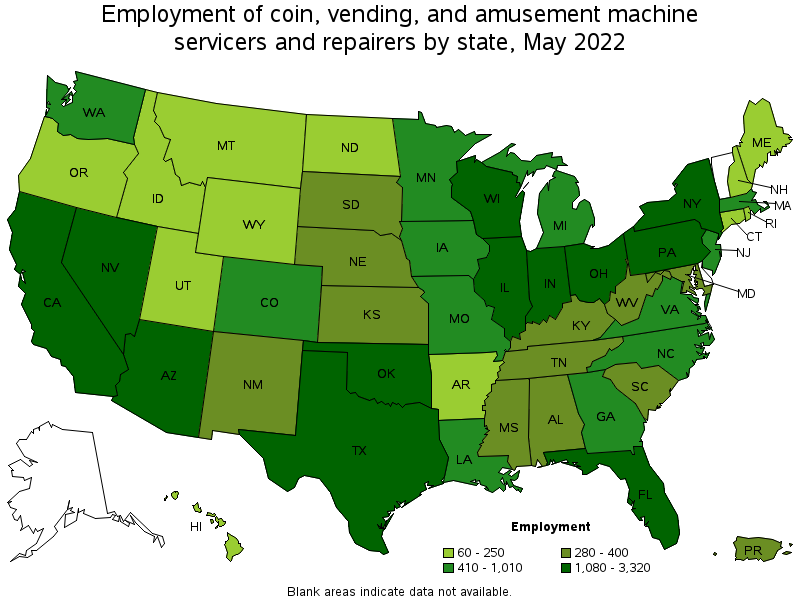 Map of employment of coin, vending, and amusement machine servicers and repairers by state, May 2022