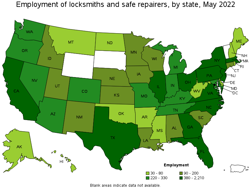 Map of employment of locksmiths and safe repairers by state, May 2022