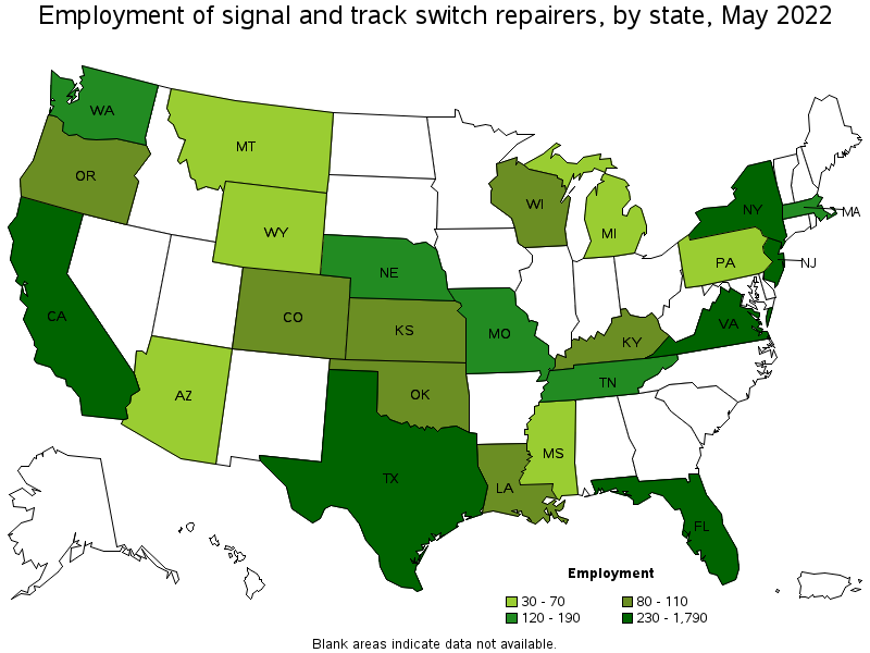 Map of employment of signal and track switch repairers by state, May 2022