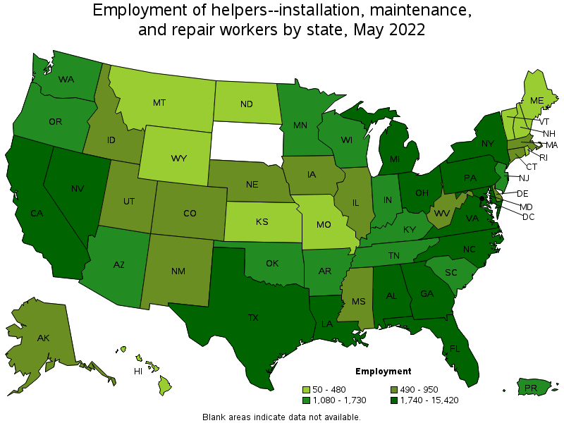 Map of employment of helpers--installation, maintenance, and repair workers by state, May 2022
