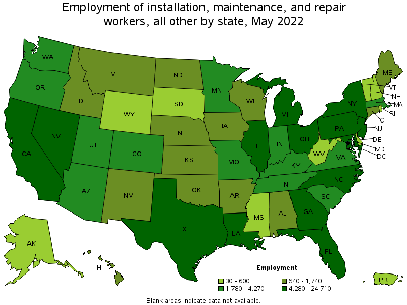 Map of employment of installation, maintenance, and repair workers, all other by state, May 2022