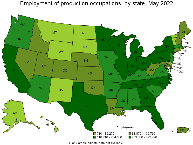 Map of employment of production occupations by state, May 2022