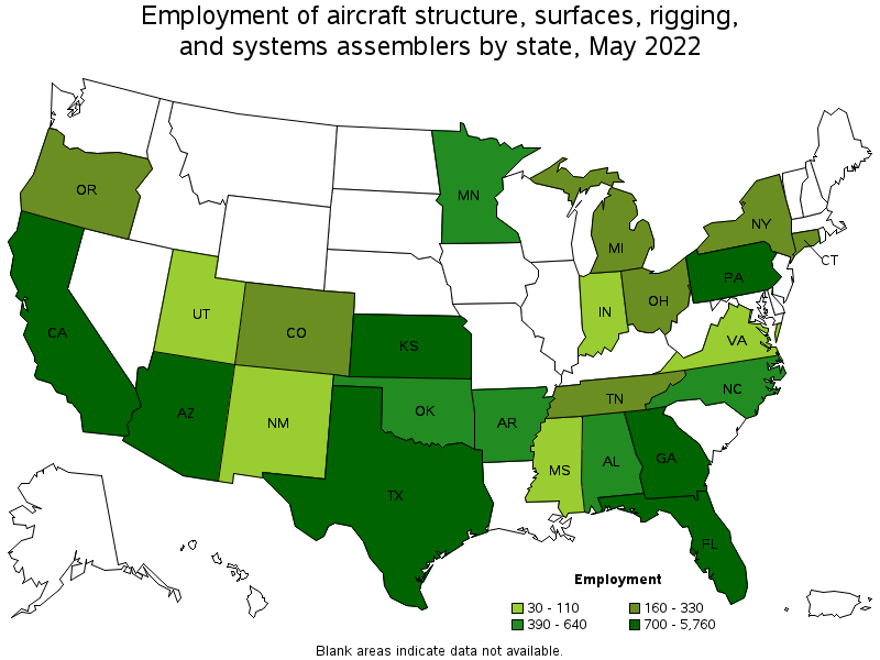 Map of employment of aircraft structure, surfaces, rigging, and systems assemblers by state, May 2022