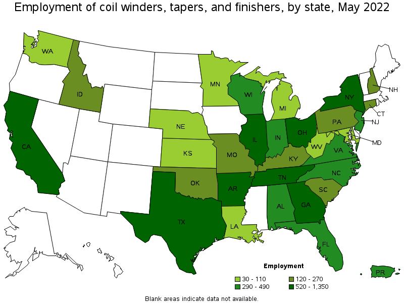 Map of employment of coil winders, tapers, and finishers by state, May 2022