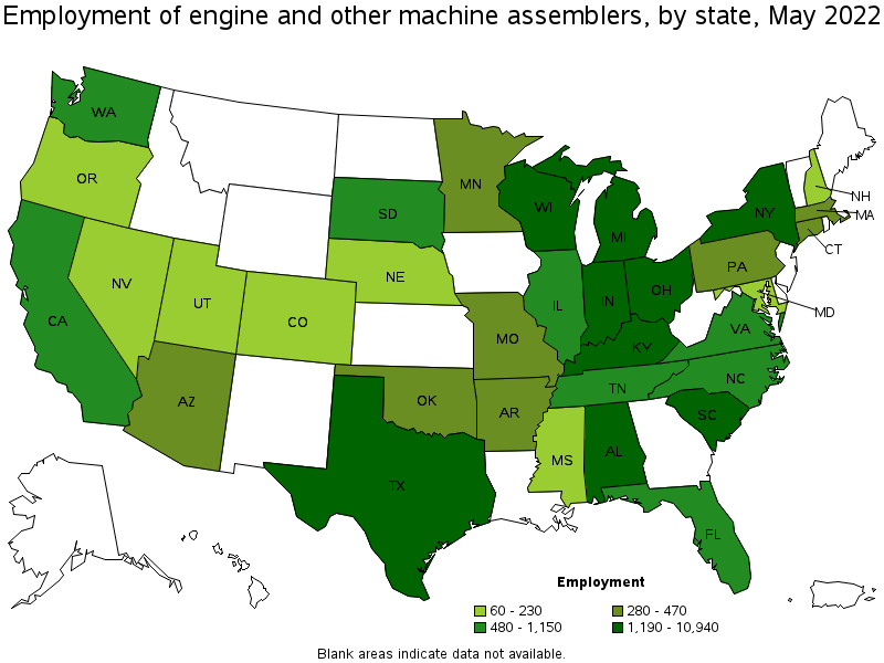 Map of employment of engine and other machine assemblers by state, May 2022