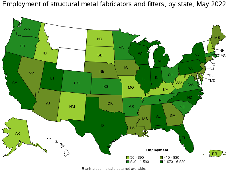 Map of employment of structural metal fabricators and fitters by state, May 2022