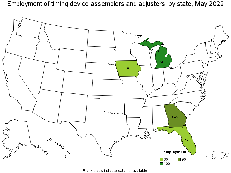 Map of employment of timing device assemblers and adjusters by state, May 2022