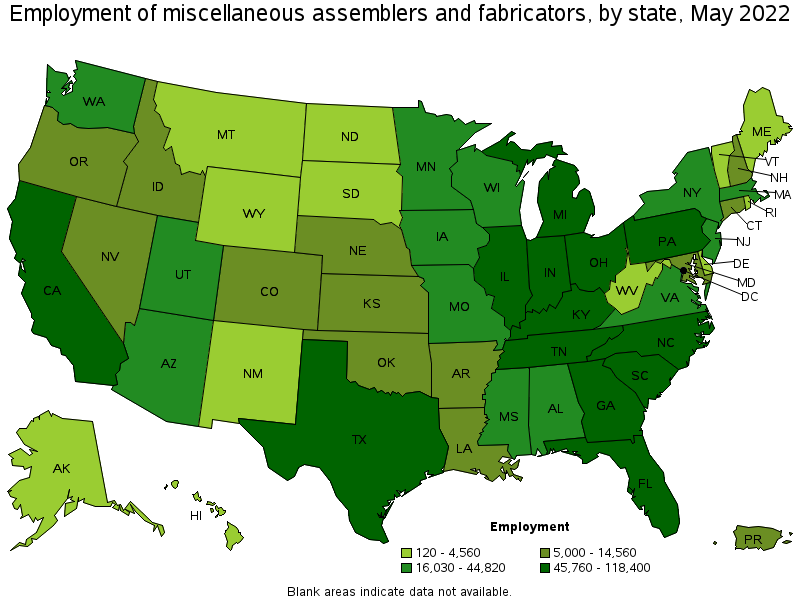 Map of employment of miscellaneous assemblers and fabricators by state, May 2022