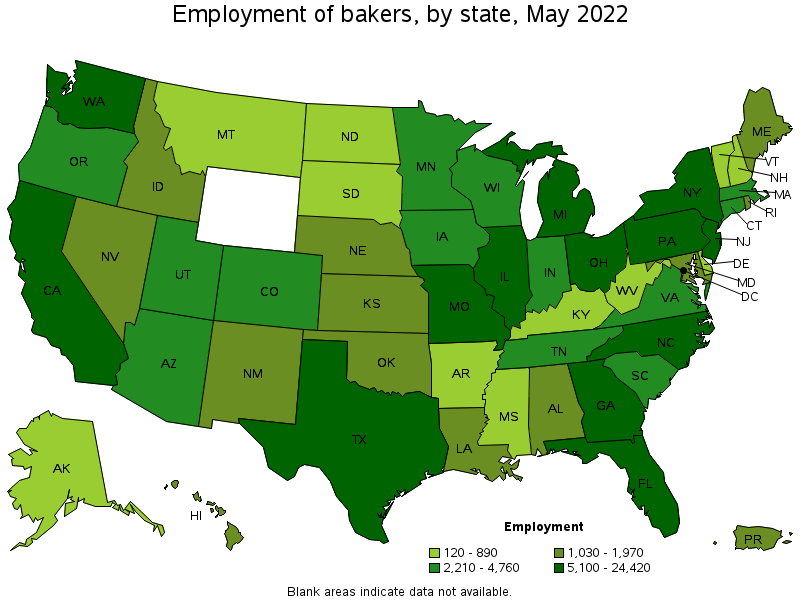 Map of employment of bakers by state, May 2022