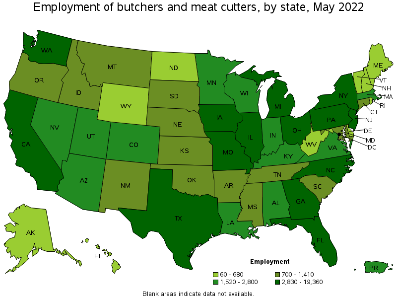 Map of employment of butchers and meat cutters by state, May 2022