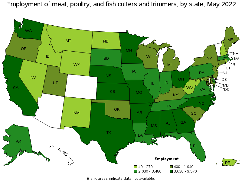 Map of employment of meat, poultry, and fish cutters and trimmers by state, May 2022