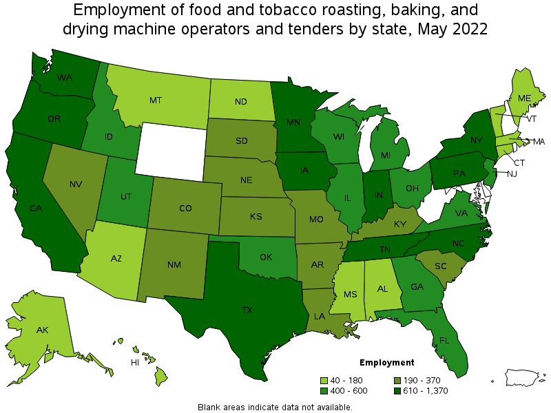 Map of employment of food and tobacco roasting, baking, and drying machine operators and tenders by state, May 2022