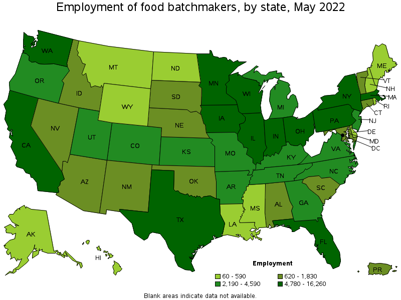 Map of employment of food batchmakers by state, May 2022