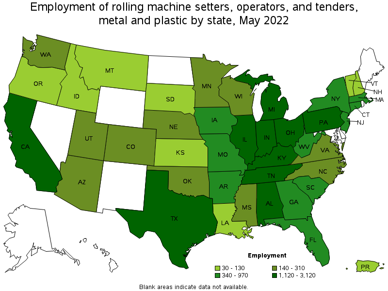 Map of employment of rolling machine setters, operators, and tenders, metal and plastic by state, May 2022