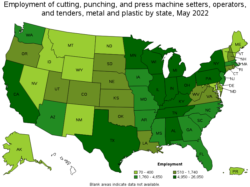 Map of employment of cutting, punching, and press machine setters, operators, and tenders, metal and plastic by state, May 2022