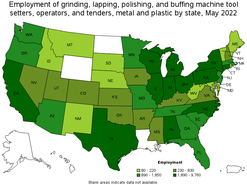 Map of employment of grinding, lapping, polishing, and buffing machine tool setters, operators, and tenders, metal and plastic by state, May 2022