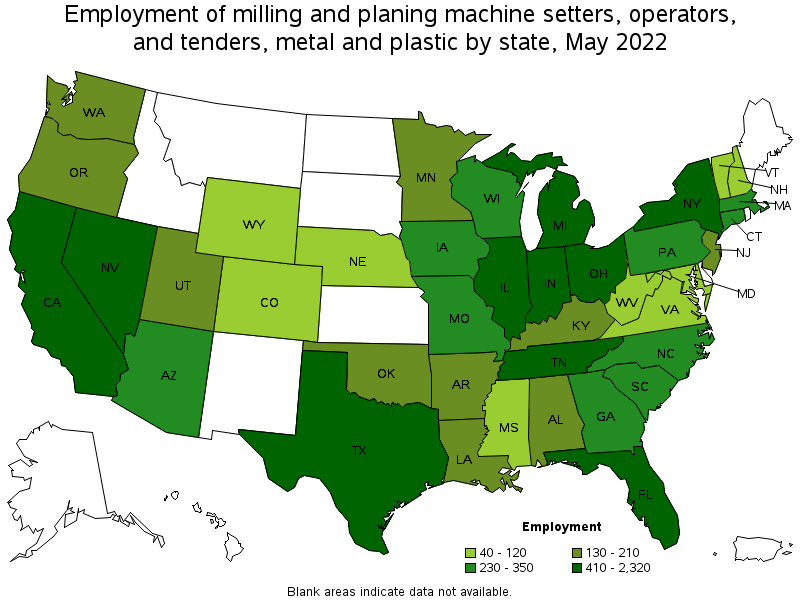 Map of employment of milling and planing machine setters, operators, and tenders, metal and plastic by state, May 2022