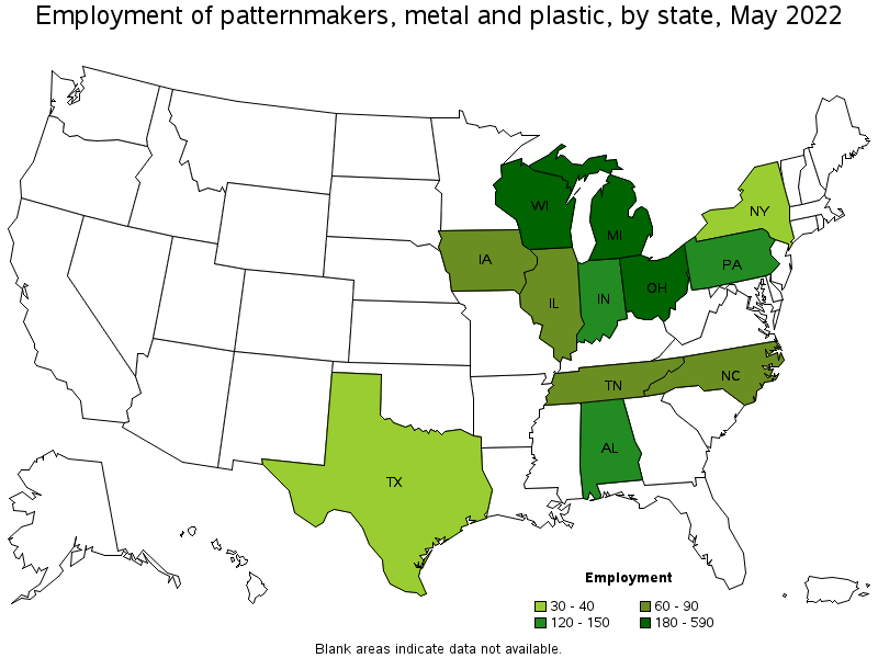 Map of employment of patternmakers, metal and plastic by state, May 2022