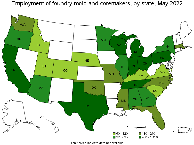 Map of employment of foundry mold and coremakers by state, May 2022