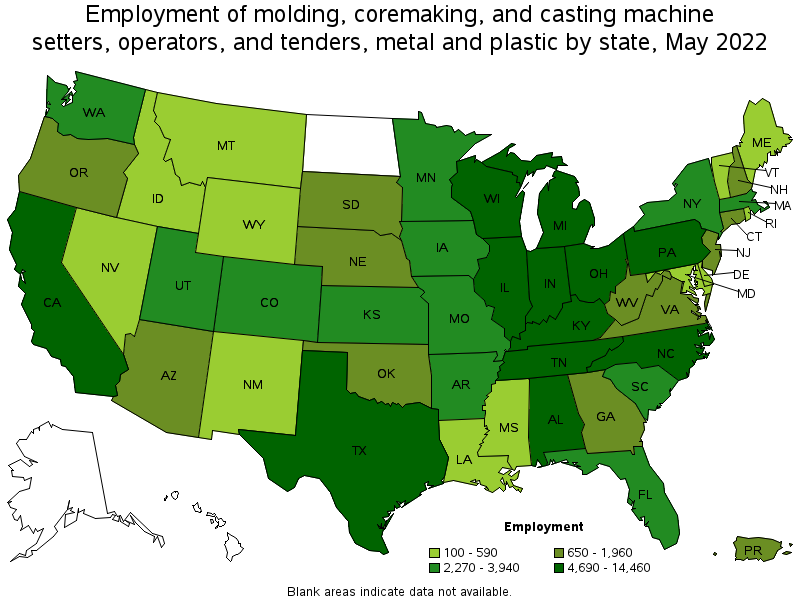 Map of employment of molding, coremaking, and casting machine setters, operators, and tenders, metal and plastic by state, May 2022