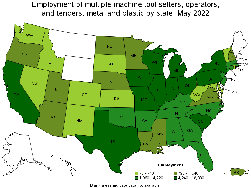 Map of employment of multiple machine tool setters, operators, and tenders, metal and plastic by state, May 2022