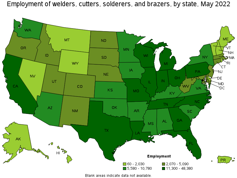 Map of employment of welders, cutters, solderers, and brazers by state, May 2022
