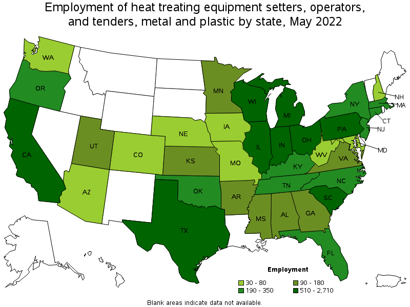 Map of employment of heat treating equipment setters, operators, and tenders, metal and plastic by state, May 2022