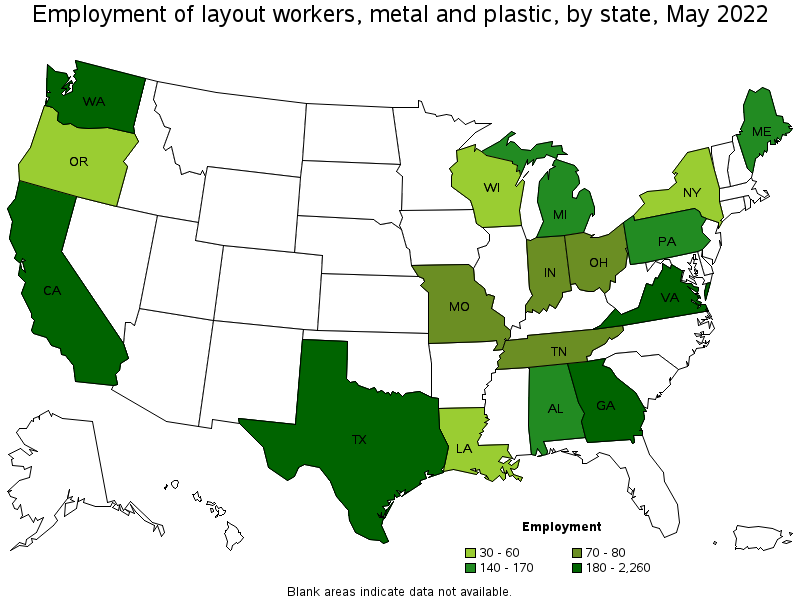 Map of employment of layout workers, metal and plastic by state, May 2022