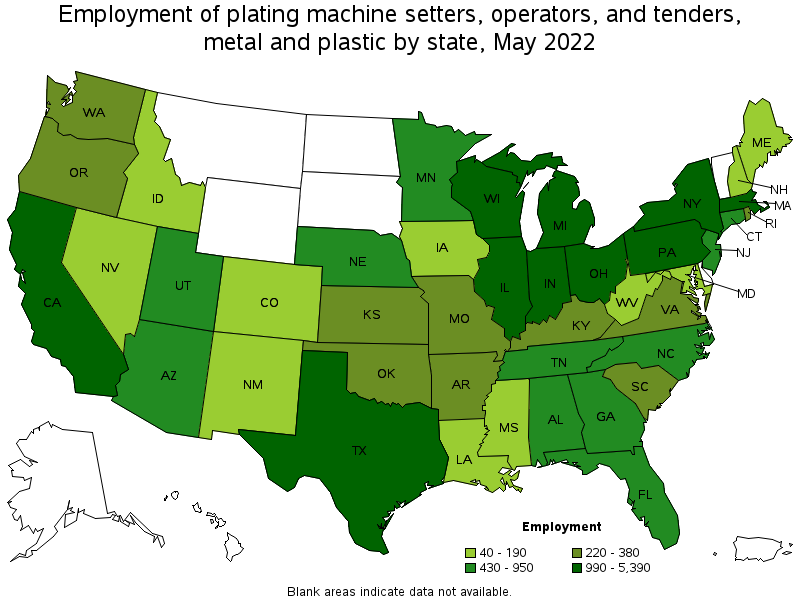 Map of employment of plating machine setters, operators, and tenders, metal and plastic by state, May 2022
