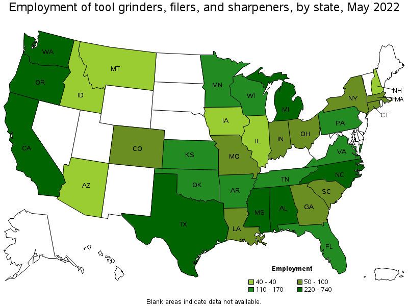 Map of employment of tool grinders, filers, and sharpeners by state, May 2022