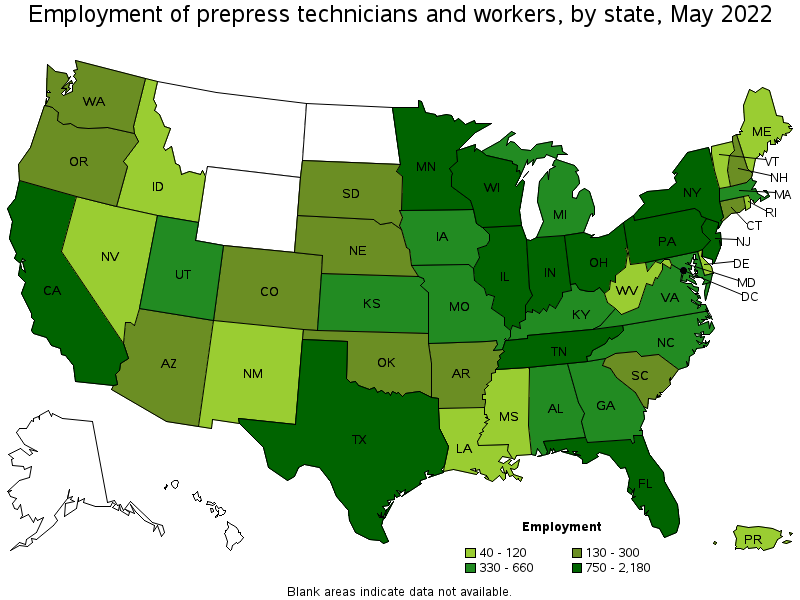 Map of employment of prepress technicians and workers by state, May 2022