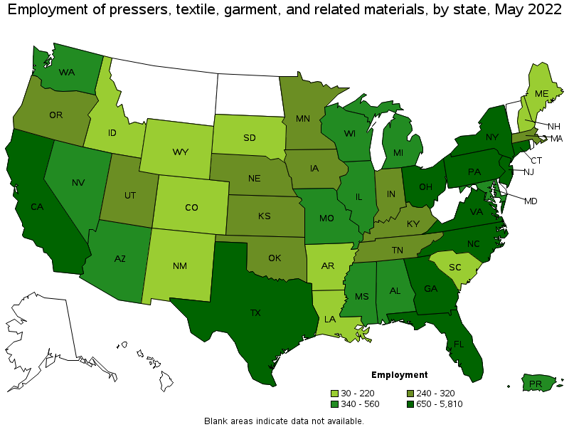 Map of employment of pressers, textile, garment, and related materials by state, May 2022