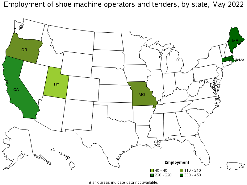 Map of employment of shoe machine operators and tenders by state, May 2022