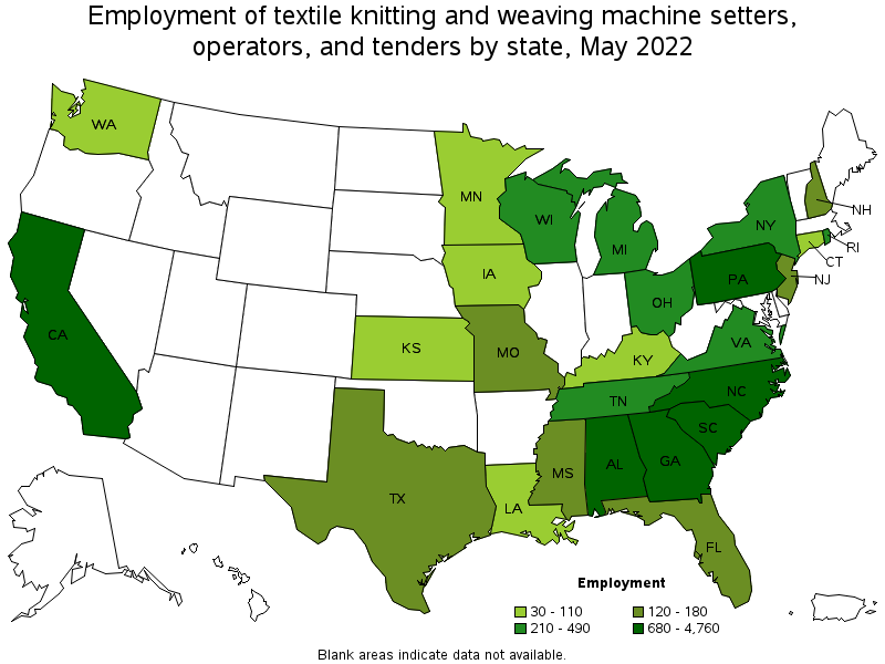 Map of employment of textile knitting and weaving machine setters, operators, and tenders by state, May 2022
