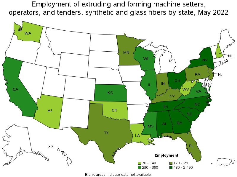 Map of employment of extruding and forming machine setters, operators, and tenders, synthetic and glass fibers by state, May 2022