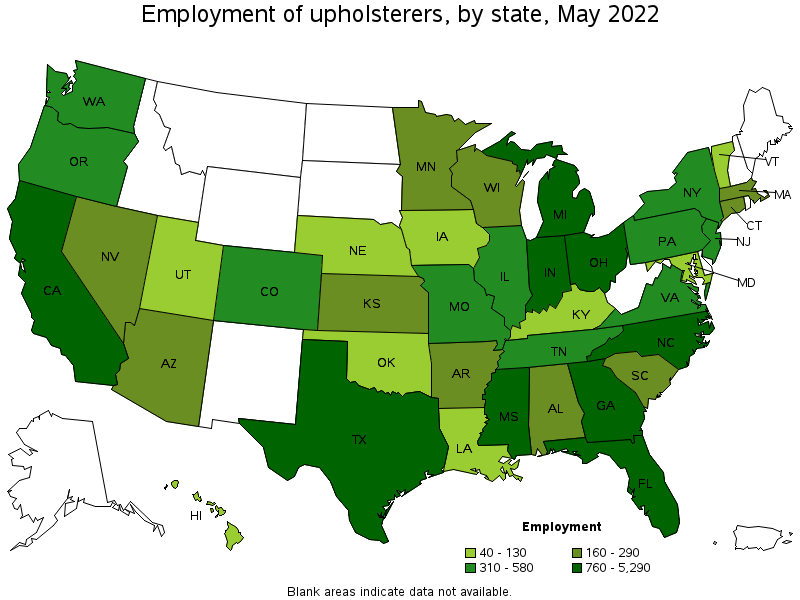 Map of employment of upholsterers by state, May 2022