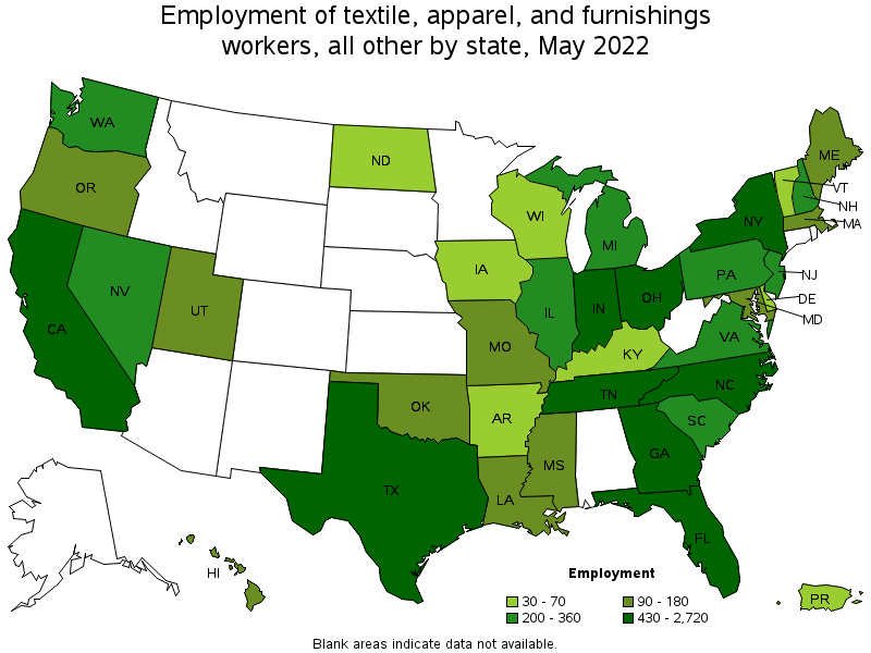 Map of employment of textile, apparel, and furnishings workers, all other by state, May 2022