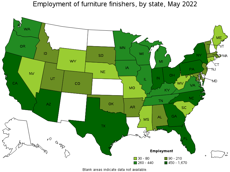 Map of employment of furniture finishers by state, May 2022