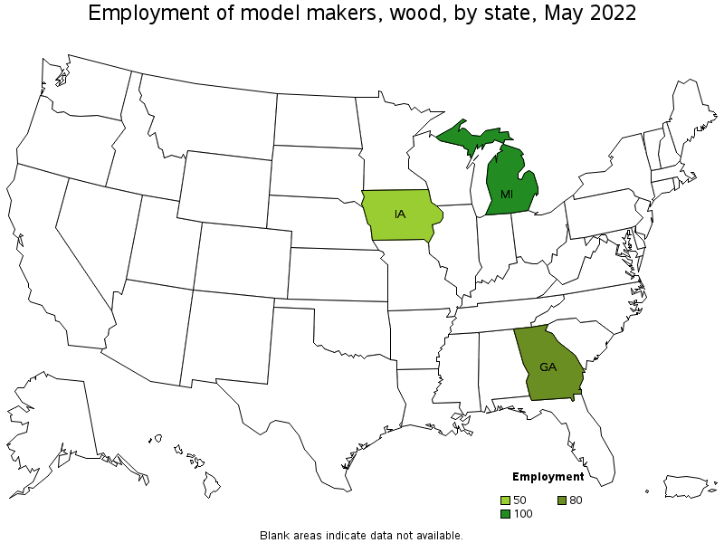 Map of employment of model makers, wood by state, May 2022