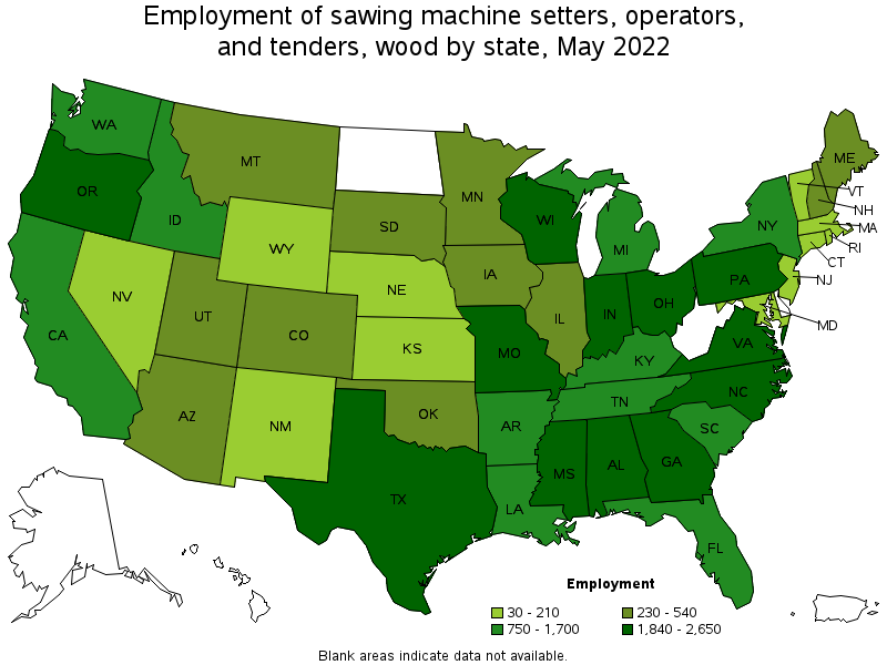 Map of employment of sawing machine setters, operators, and tenders, wood by state, May 2022