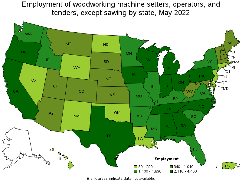 Map of employment of woodworking machine setters, operators, and tenders, except sawing by state, May 2022