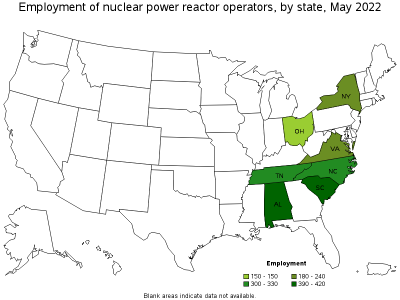 Map of employment of nuclear power reactor operators by state, May 2022