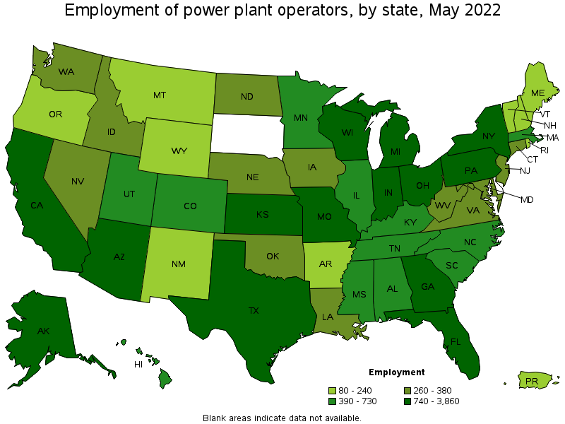 Map of employment of power plant operators by state, May 2022