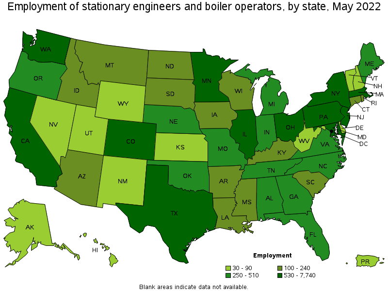 Map of employment of stationary engineers and boiler operators by state, May 2022